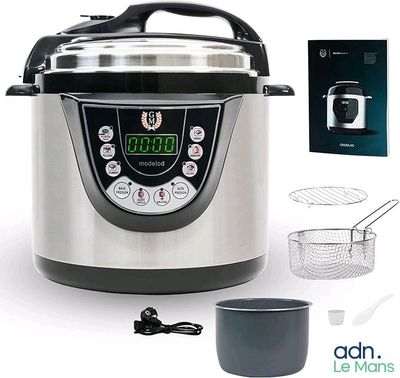 an image of a silver and black electric pressure cooker with a bowl and strainer