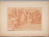 a drawing of a group of people sitting around a table