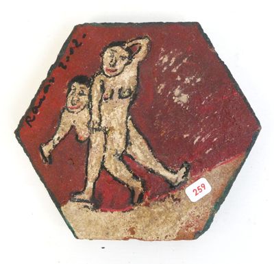 a painting of a man and a child on a red and white background