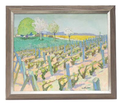 une peinture à l'huile représentant un vignoble avec des arbres en arrière-plan