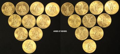 two images of a bunch of gold coins on a black background