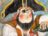 tableau représentant un pirate assis à une table avec une bouteille de vin