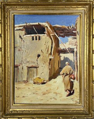une peinture à l'huile représentant une femme assise devant un immeuble