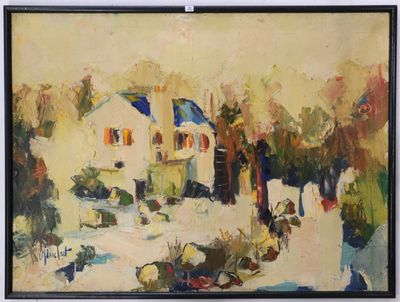 une peinture à l'huile représentant une maison blanche dans un paysage enneigé