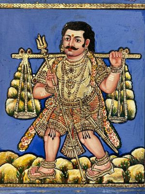 a painting of a man holding a sword and a bird