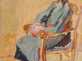 une peinture à l'huile représentant un homme assis sur une chaise dans une pièce