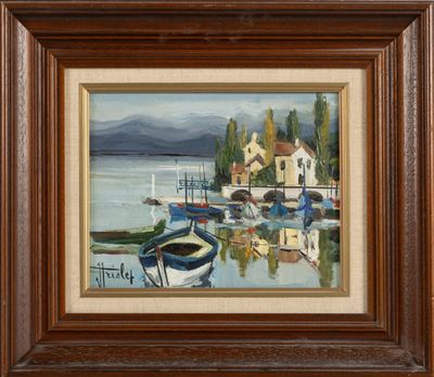 une peinture à l'huile représentant des bateaux dans un port, avec une église en arrière-plan
