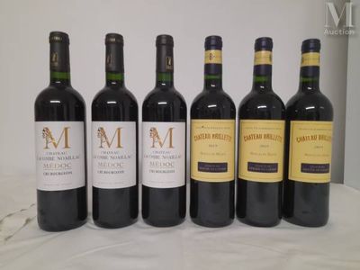six bottles of wine are lined up on a table