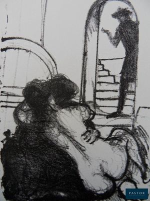 drawing of a woman sitting in front of a mirror in a room