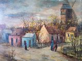 tableau représentant une scène de village avec un moulin à vent en arrière-plan