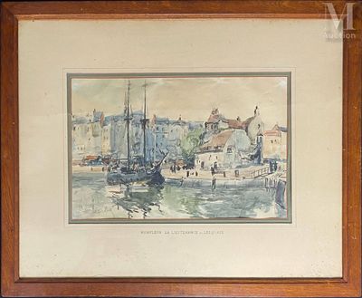 an image of a painting of a harbor scene with boats in the water