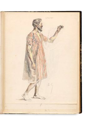 un vieux livre sur lequel figure le dessin d'un homme vêtu d'une robe rayée