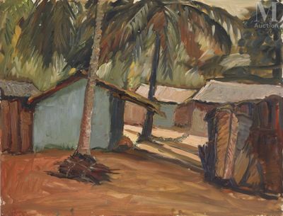 une image représentant un tableau où l'on voit un palmier devant une cabane