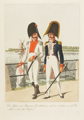 two men in uniforms standing next to each other near a body of water