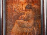 painting of a woman sitting in a chair in a wood frame