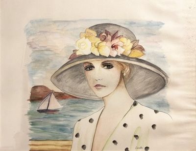 un tableau représentant une femme portant un chapeau orné de fleurs
