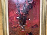 une peinture de fleurs dans un vase en verre sur une table