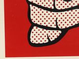 a picture of a red and white poster with a hand holding a cell phone