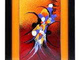 framed picture of a painting of a bird and flowers on a red and yellow background