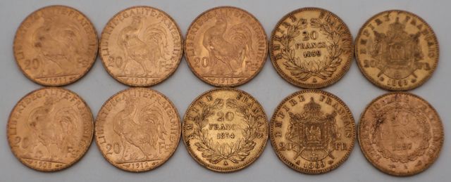 Dix pièces de monnaie en or à valeur faciale de vingt francs (dif...