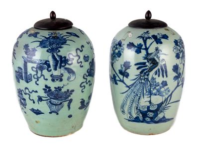 une paire de vases bleus et blancs ornés de motifs asiatiques