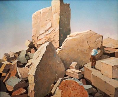 a painting of a man standing on top of a pile of rocks