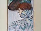 a painting of a woman with a hat on a wall
