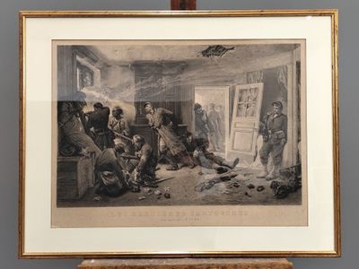 an old picture of a painting of a group of people in a room