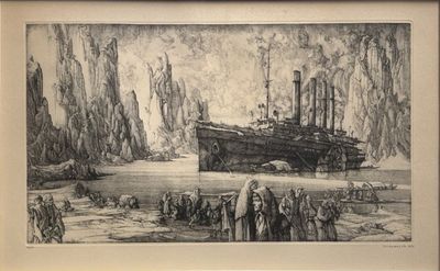 dessin représentant un bateau sur un plan d'eau, avec des personnes debout tout autour
