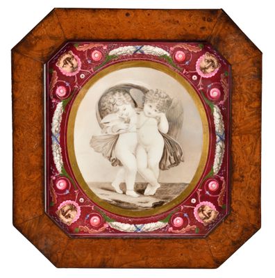 an antique picture of two cherensils in a wooden frame