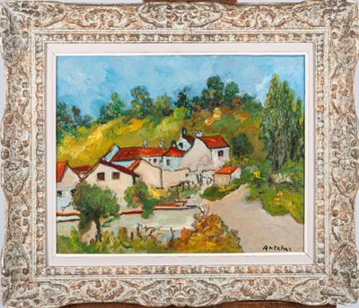 une peinture à l'huile représentant une maison sur une colline avec des arbres en arrière-plan