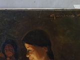 an oil painting of a woman reading a book in front of a mirror
