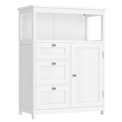 a close up of a white cabinet with drawers and drawers