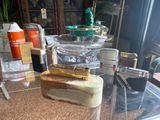 a glass table with a lot of different items on it