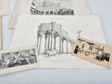 some old postcards and pictures of buildings and people on a table