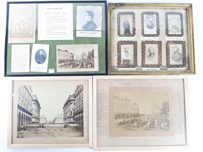several framed photographs of people and buildings in a display case