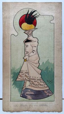un dessin représentant une femme avec un chapeau sur la tête