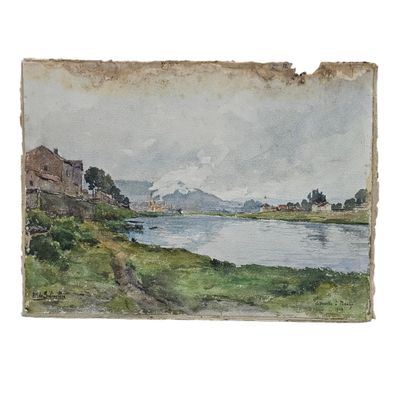 aquarelle représentant une vue sur une rivière avec un village au loin