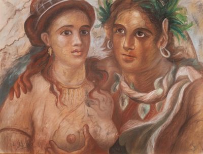 painting of two women with hats and scarves on their heads