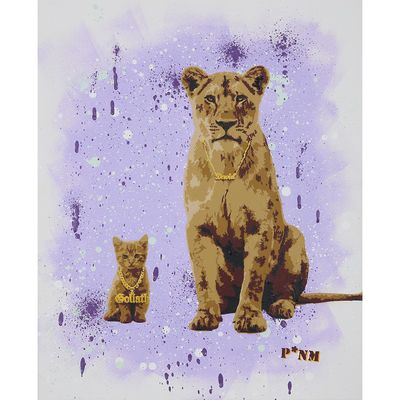 tableau représentant un lion et un chaton sur fond violet