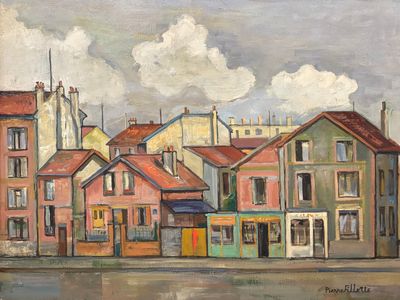 une peinture à l'huile représentant une rangée de maisons dans une rue de la ville