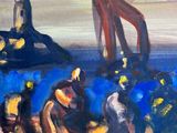 an oil painting of a group of people walking on a beach