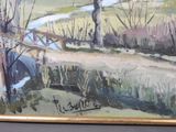 a painting of a bridge over a stream in the woods