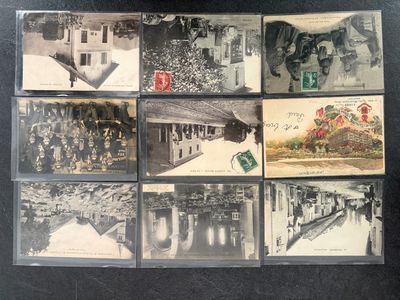 several old black and white photographs of people and buildings on a table
