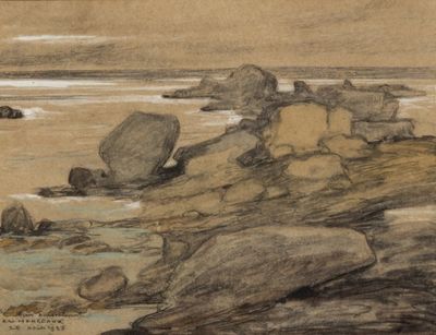 drawing of a rocky beach with rocks and a boat in the water