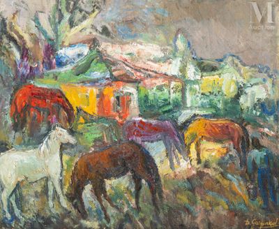 painting of a group of horses grazing in a field next to a house