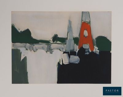 une photo d'un tableau avec une tour rouge en arrière-plan
