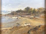 un tableau représentant des bateaux sur la rive, au bord de l'eau