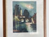 tableau représentant un pont enjambant un plan d'eau, avec un bâtiment en arrière-plan