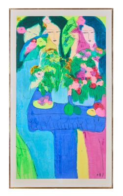 une image représentant un tableau avec des fleurs et des fruits posés sur une table
